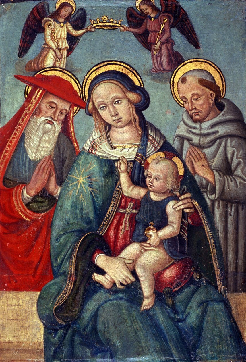 Madonna og barn bliver kronet af to engle, med St. Jerome og St. Francis, ca. 1500 (tempera på poppeltræ) af Italian School