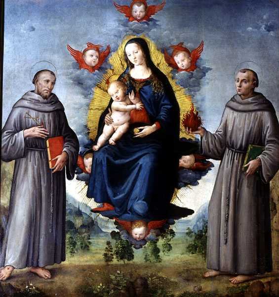 Madonna og barn, flankeret af SS Frans af Assisi og Anthony af Padova (tempera på panel) af Italian School