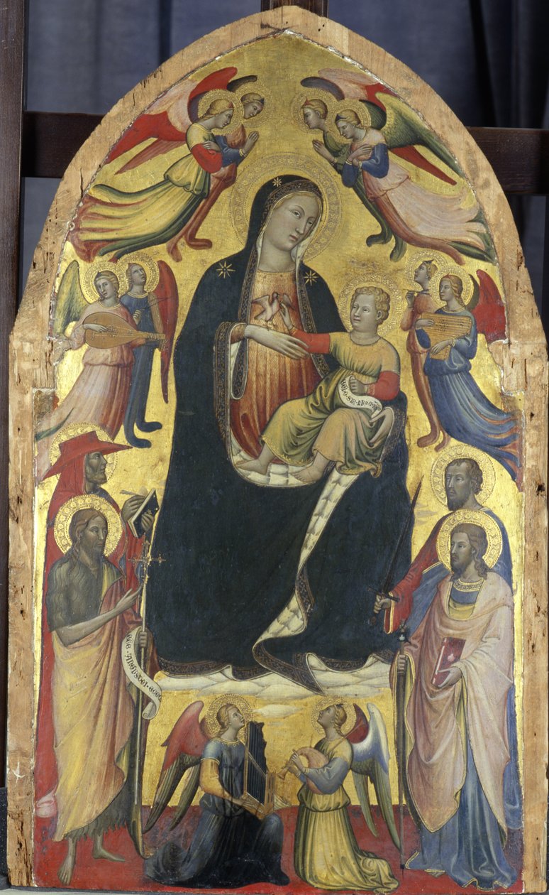 Madonna og barn på en trone af skyer med helgener og engle, ca. 1415-20 (tempera på poppeltræ) af Italian School
