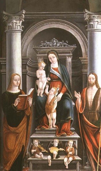 Madonna og barn modtager en rose fra spædbarnet St. Johannes Døberen, med helgener og engle af M.B. (monogram) af Italian School