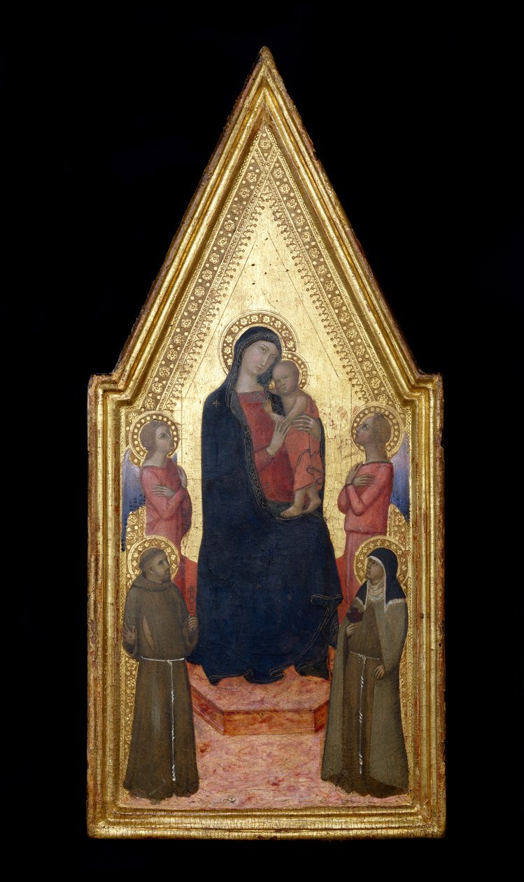 Madonna og barn med St. Frans, Skt. Clare og to engle, 1340-50 (tempera og bladguld på panel) af Italian School