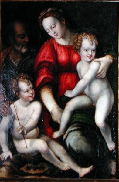Madonna og barn med Johannes Døberen (olie på panel) af Italian School