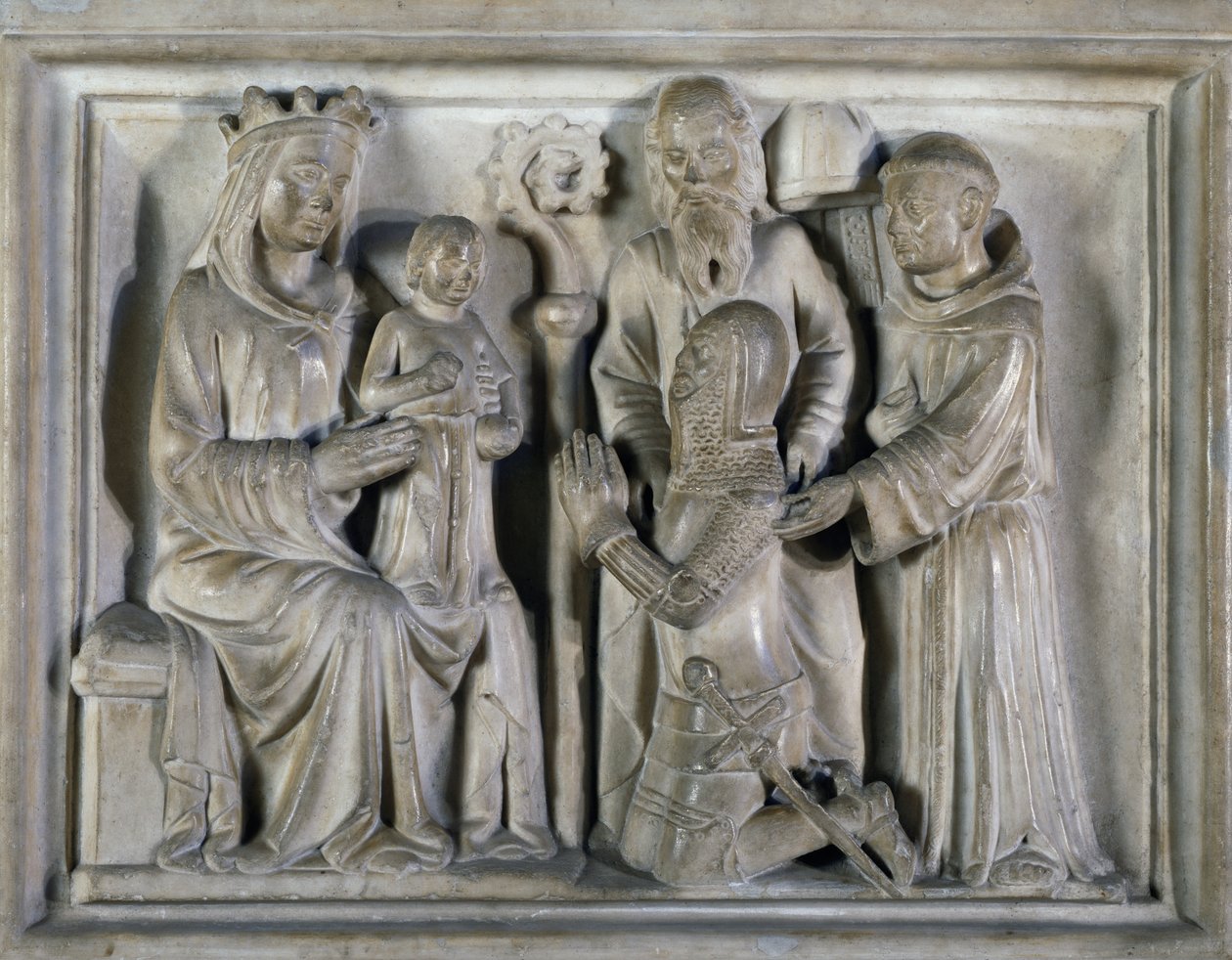 Madonna og barn, med en kriger og helgener, relief skabt af The Masters of Campione. Italien af Italian School