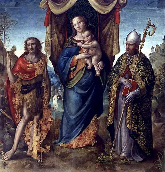 Madonna og barn med helgener (olie på panel) af Italian School