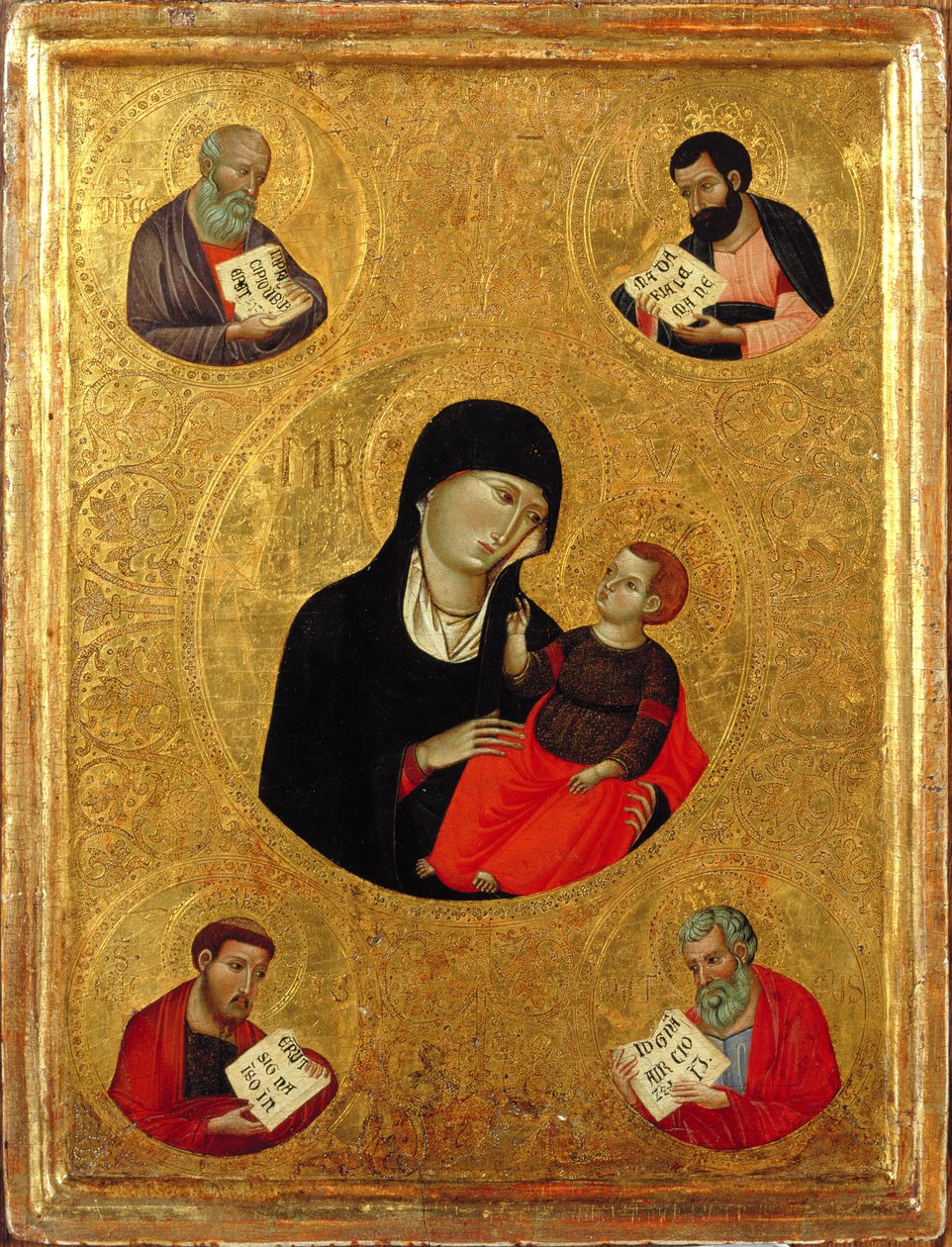 Madonna og barn med de fire evangelister (tempera og bladguld på panel) af Italian School