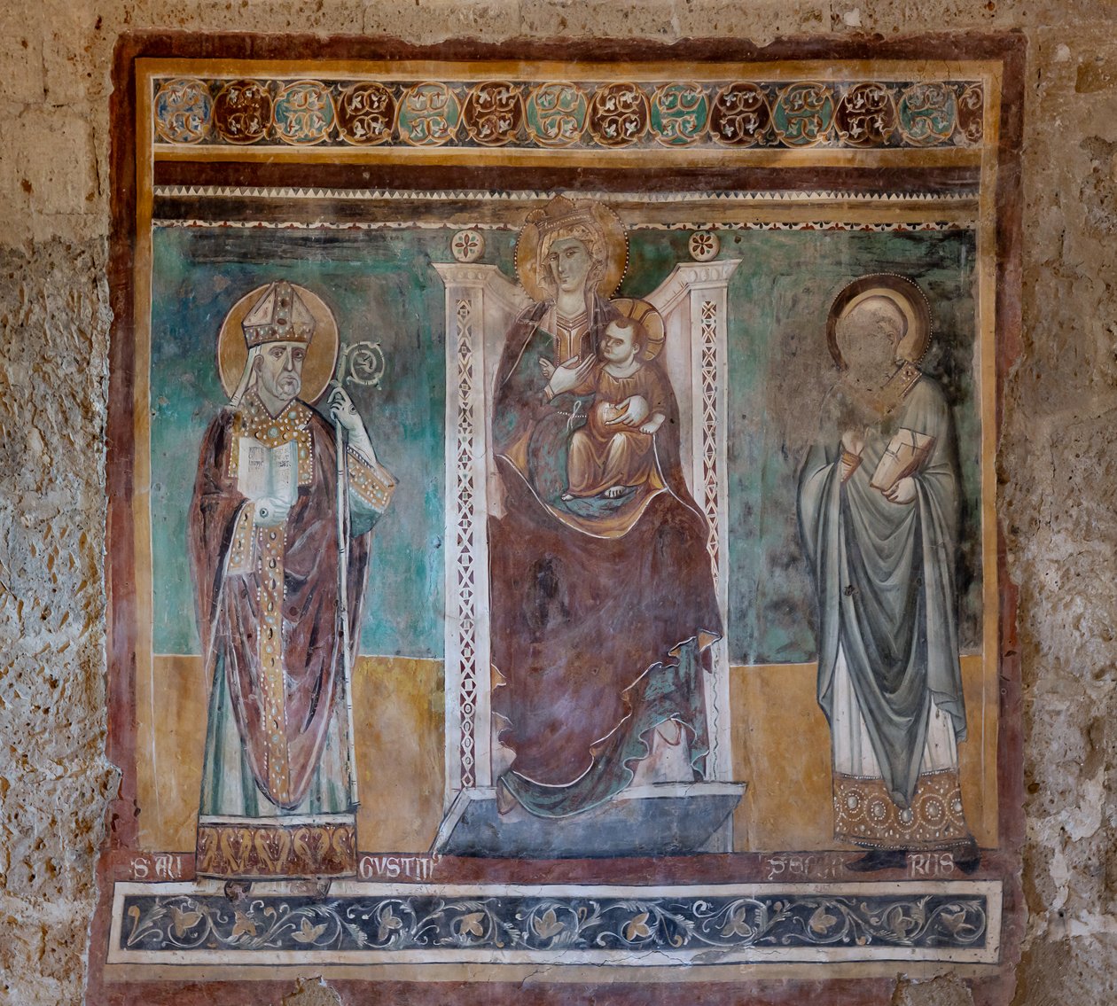Madonna tronede med de hellige Augustin og Severus, Oratorium for krucifikset, sidste fjerdedel af det XIII århundrede (fresko) af Italian School