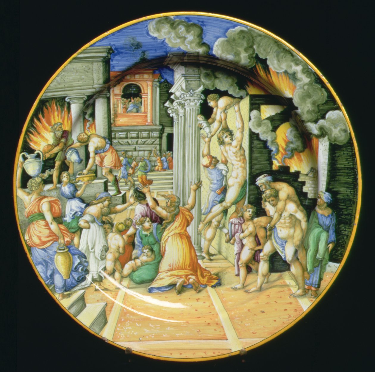 Maiolica-plade, der viser afbrændingen af Troja med Aeneas, der bærer sin far Anchises på ryggen med sin søn Ascanius ved sin side, italiensk af Italian School