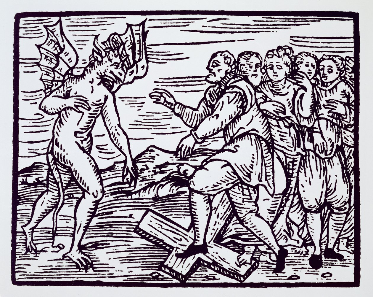 Mandlig heks, der fornægter Kristus, kopi af en illustration fra Compendium Maleticarum af Fr M Guaccius, Milano 1608, brugt i History of Magic, udgivet sent i det 19. århundrede af Italian School
