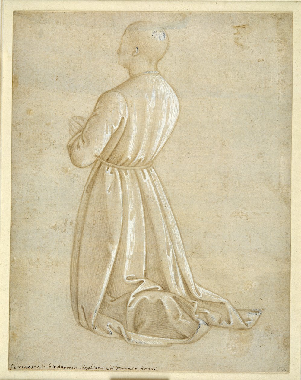 Mand knælende i bøn, set bagfra (metalpoint med gouache på papir) af Italian School