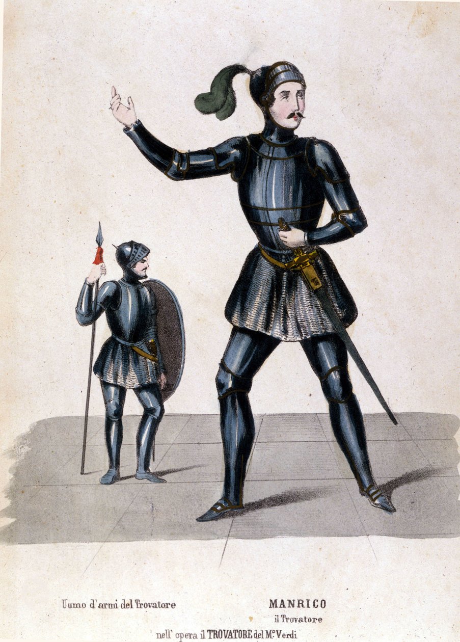 Manricos kostume til den første repræsentation af Trouvère (Trovatore) af Giuseppe Verdi (1854) biblioteca de la scala de Milan af Italian School