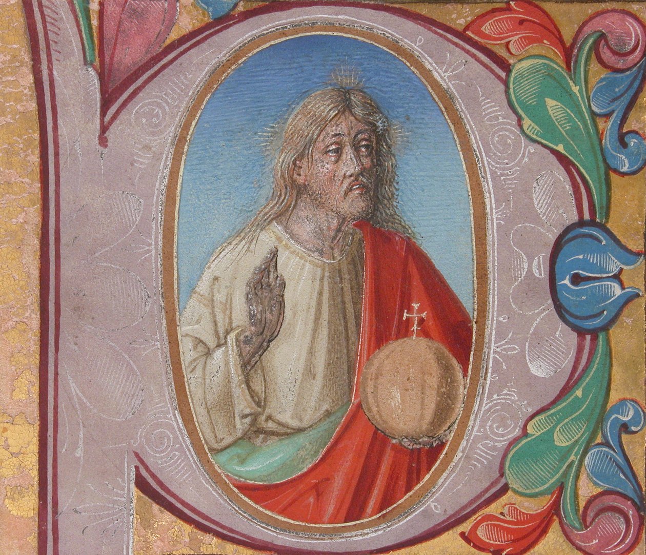 Manuskriptbelysning med Salvator Mundi i et indledende P, fra en korbog (tempera, blæk og guld på pergament) af Italian School