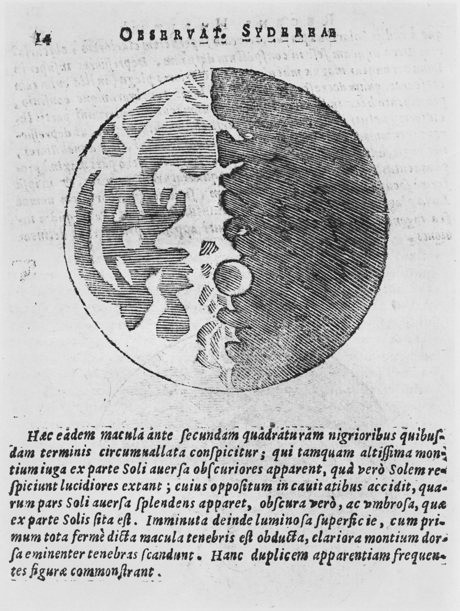 Kort over månen, illustration fra Sidereus Nuncius af Galileo Galilei, 1610 af Italian School