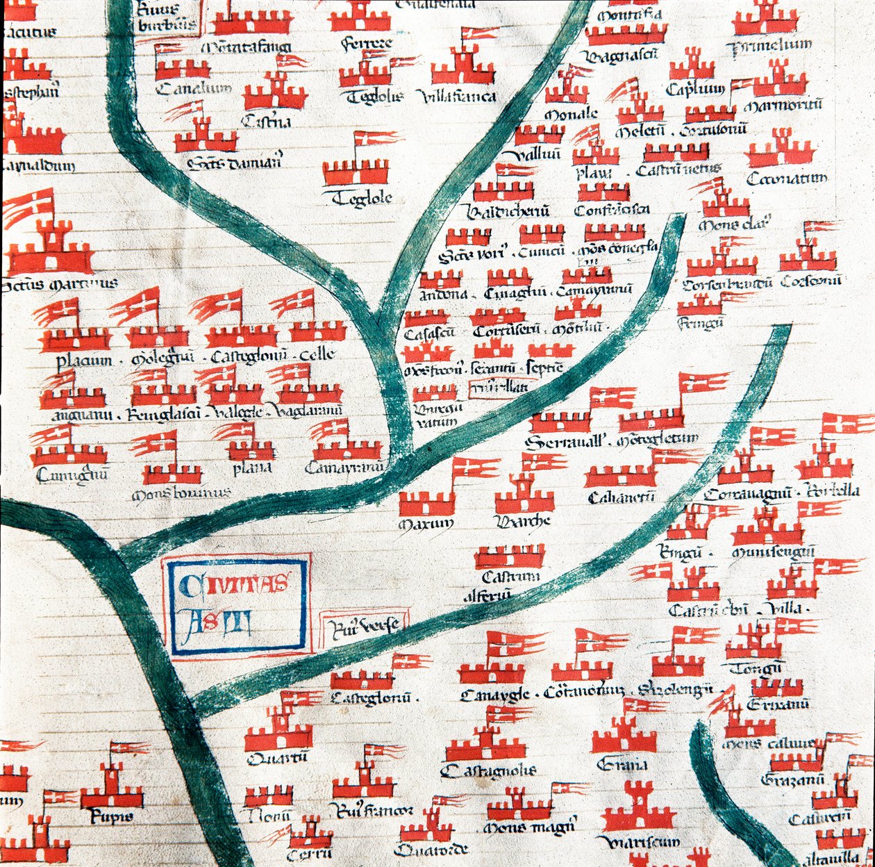 Kort over de kommuner, der tilhører byen Asti i det 13. århundrede Miniature taget fra "" Codex Astensis" (eller Malabayla), krøniker om byen Asti mellem 1065 og 1353. 14. århundrede. Bevar i borgmesteren i Asti af Italian School