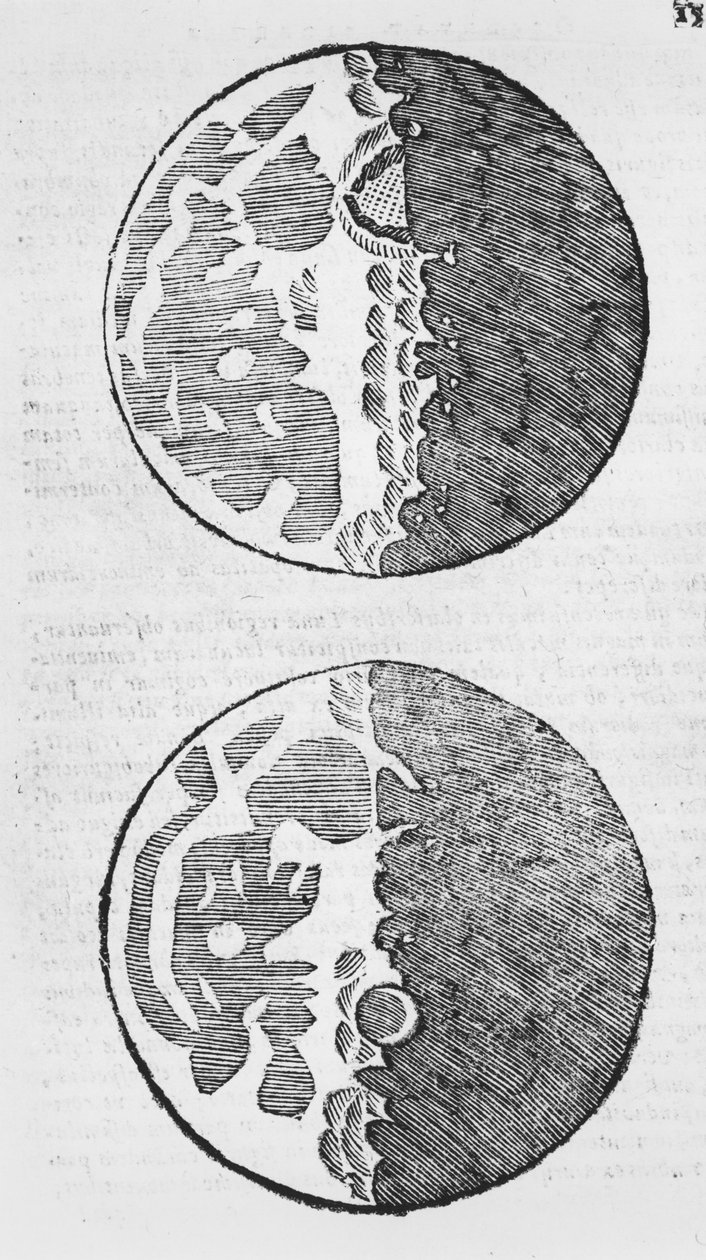 Kort over månen, illustration fra Sidereus Nuncius af Galileo Galilei, 1610 af Italian School