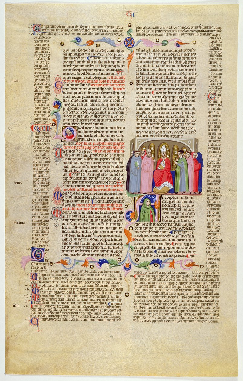 Marlay Cutting IT.10: Blad med miniature fra Gratians Decretum, der viser ærkebiskoppen på tronen mellem gejstlige og verdslige af Italian School