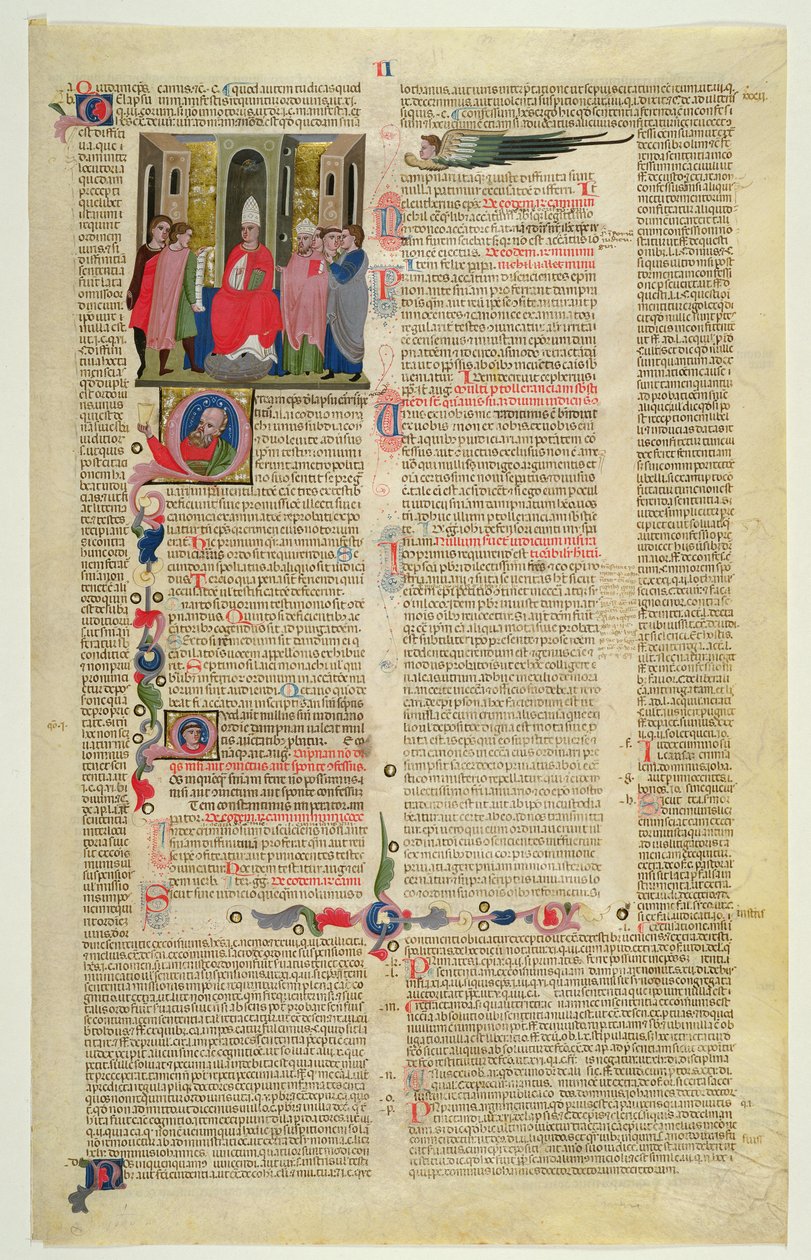 Marlay Cutting IT.3: Blad med miniature fra Gratians Decretum, der viser sagen om biskoppen anklaget for kødelig synd af Italian School