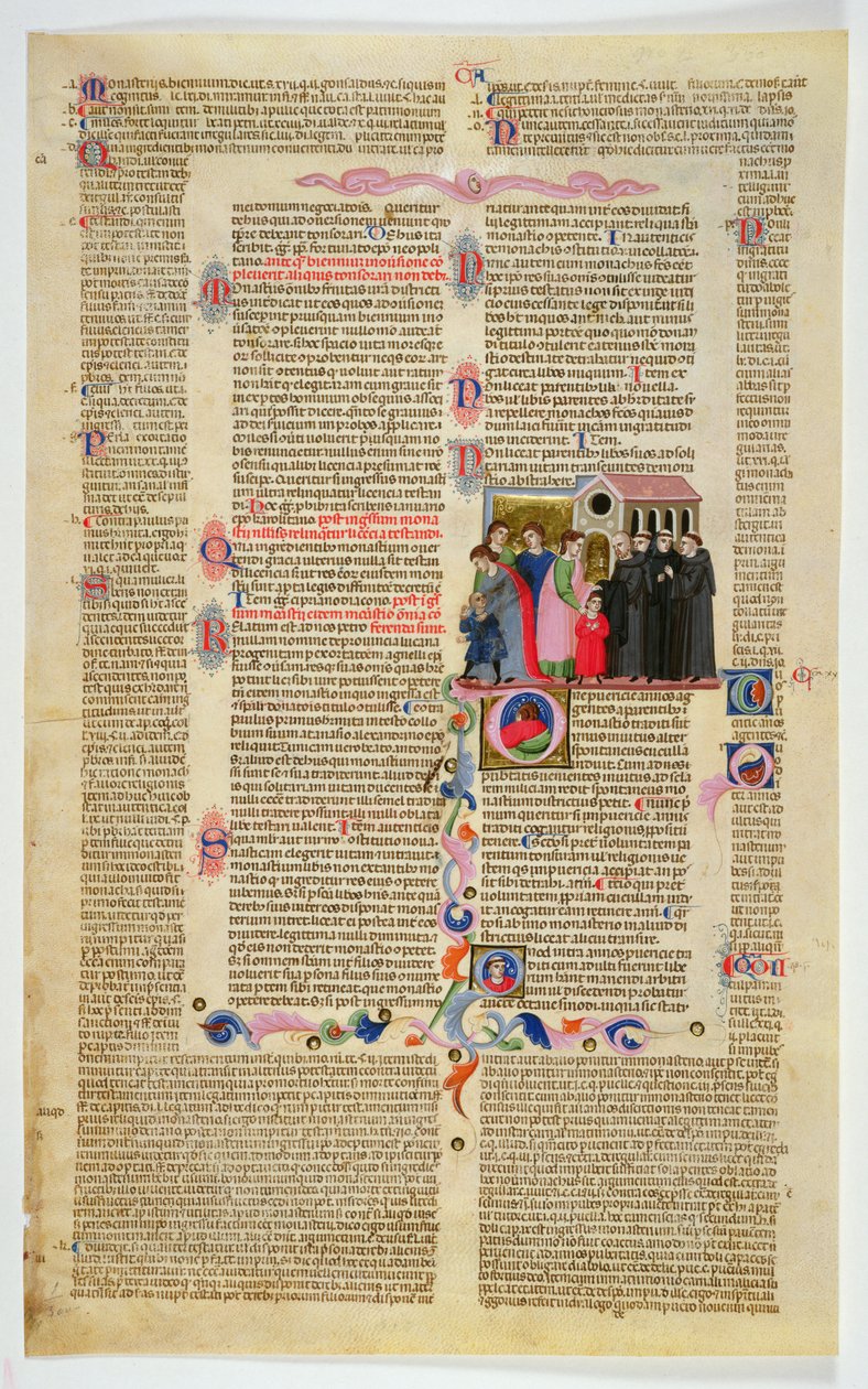 Marlay Cutting IT.9: Blad med miniature fra Gratians Decretum, der viser to drenge bragt til et kloster af deres forældre af Italian School