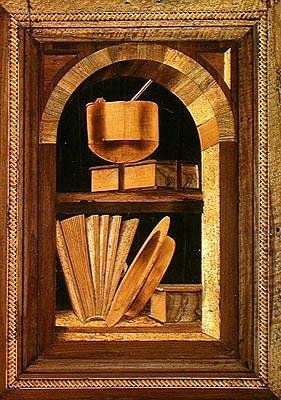 Marquetry panel af et stilleben med bøger (træ) af Italian School