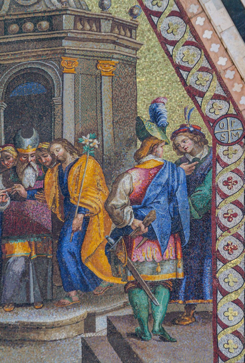 Jomfruens ægteskab, mosaik, øvre spids i facaden af Orvieto-katedralen, Umbrien, Italien af Italian School