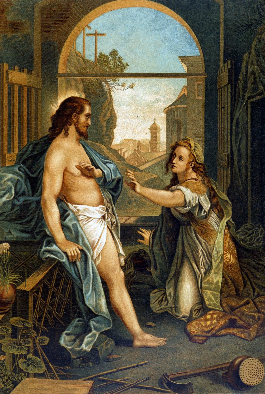 Maria Magdalene assistent til Kristi lidenskab i "Golden classic Bible: history of divine openbaring in the old and in the new striding" af Giovanni Ladislao Sykora (bd. 2), oversat af Don Clemente Benetti. (italiensk bibel) af Italian School