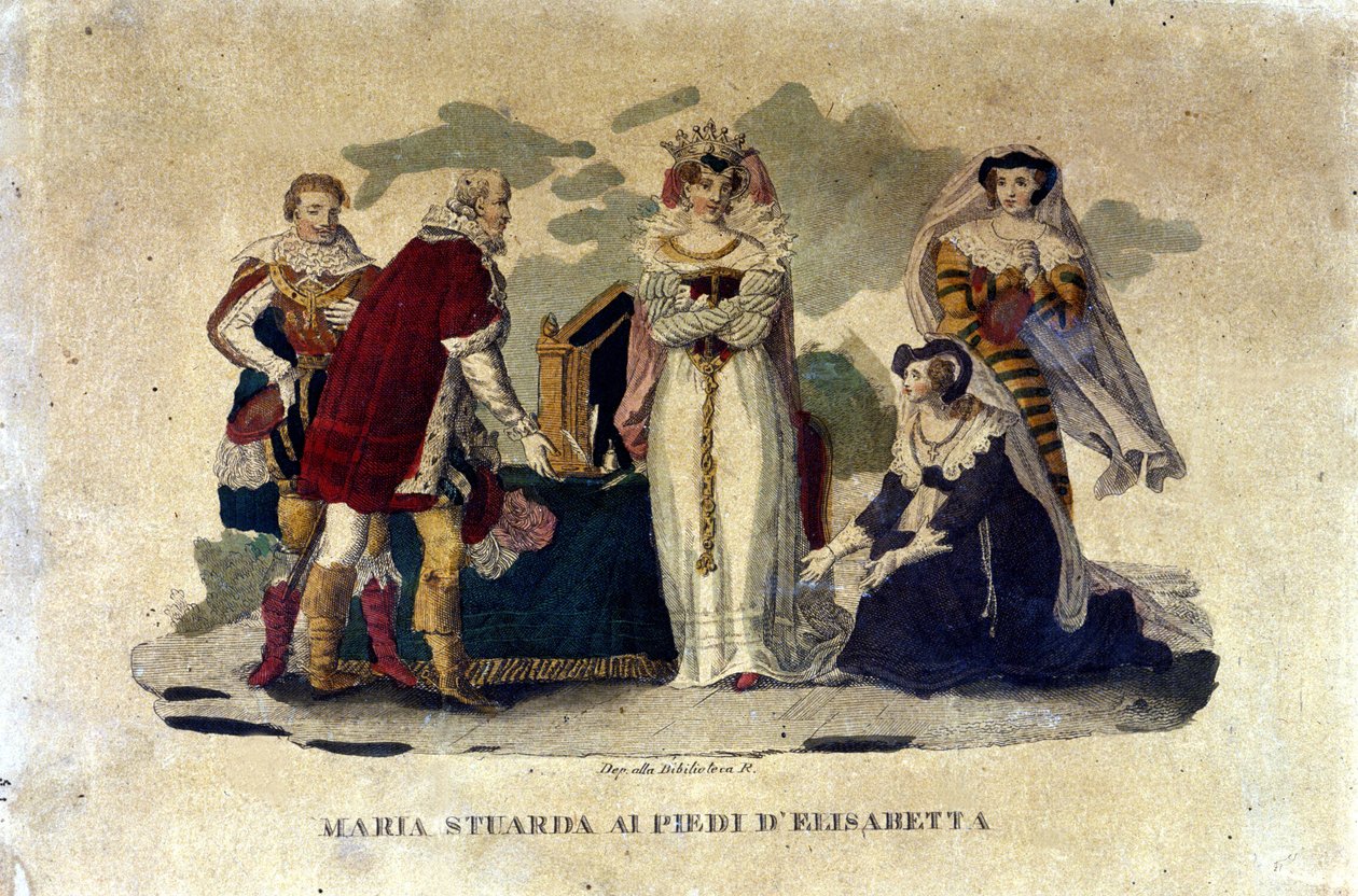 Mary Stuart ved fødderne af Elizabeth I, i operaen Maria Stuarda af Gaetano Donizetti, 1810 af Italian School