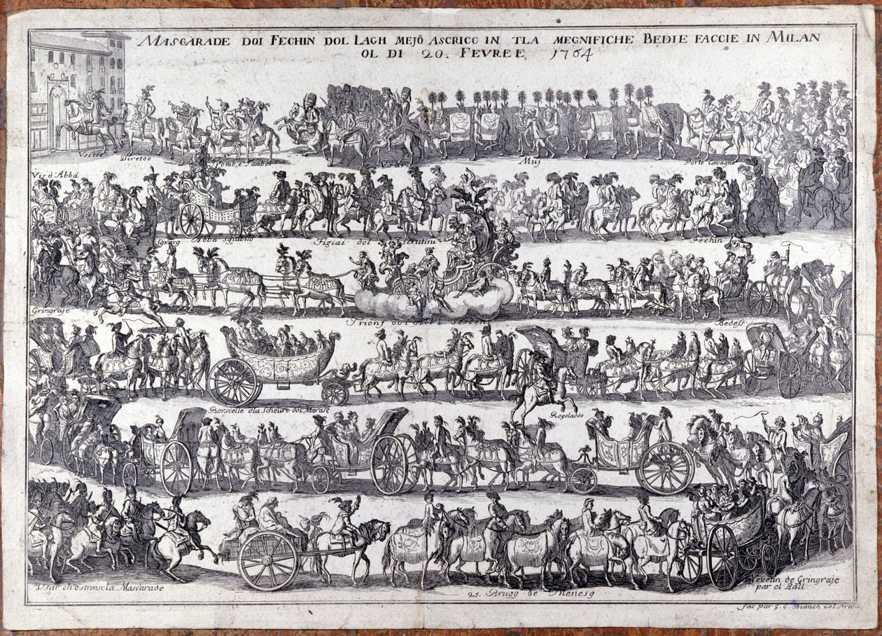 Maskerade: optog og dans af mennesker masker i anledning af karneval. Milano 20/02/1764 Indgravering af det 18. århundrede af Italian School