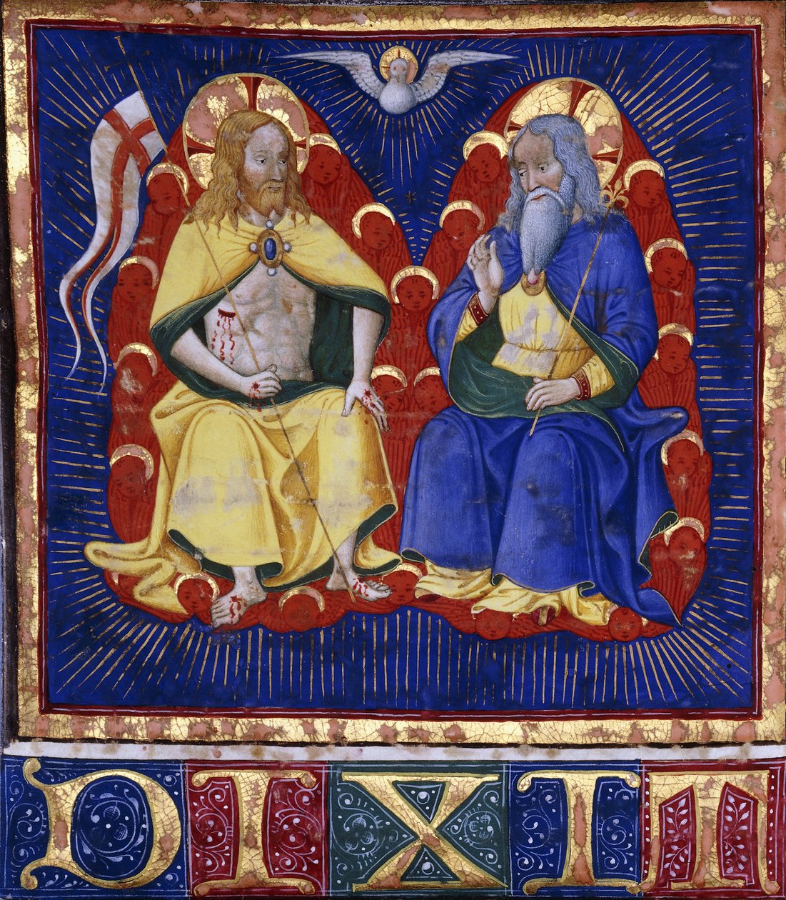 Master of the Vitae Imperatorum: The Trinity, miniature fra en oplyst korbog på vellum, ca. 1440 (maling og poleret guld på vellum) af Italian School