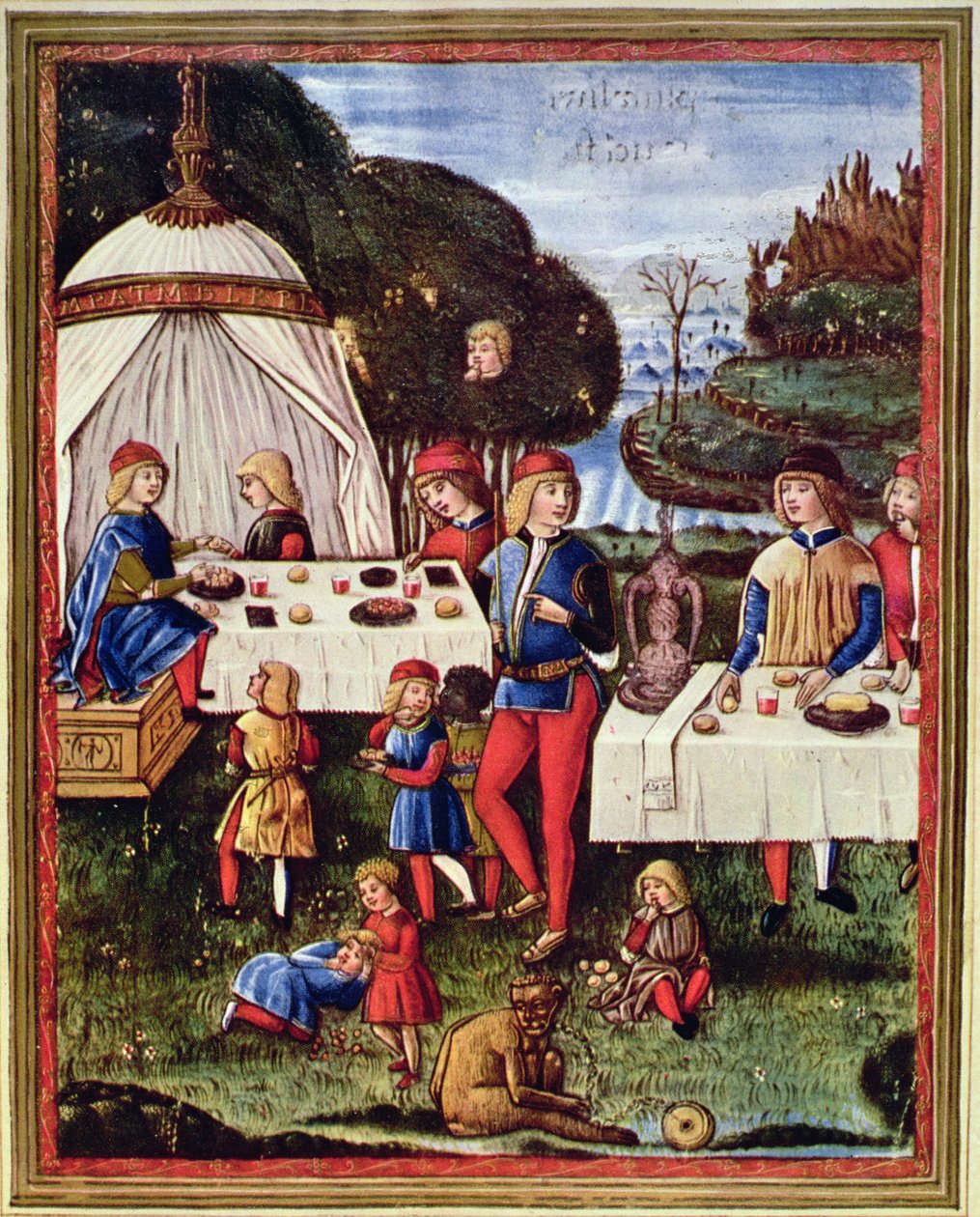 Maximilian Sforza som barn spiste et måltid i haven, illustration fra en kopi af 