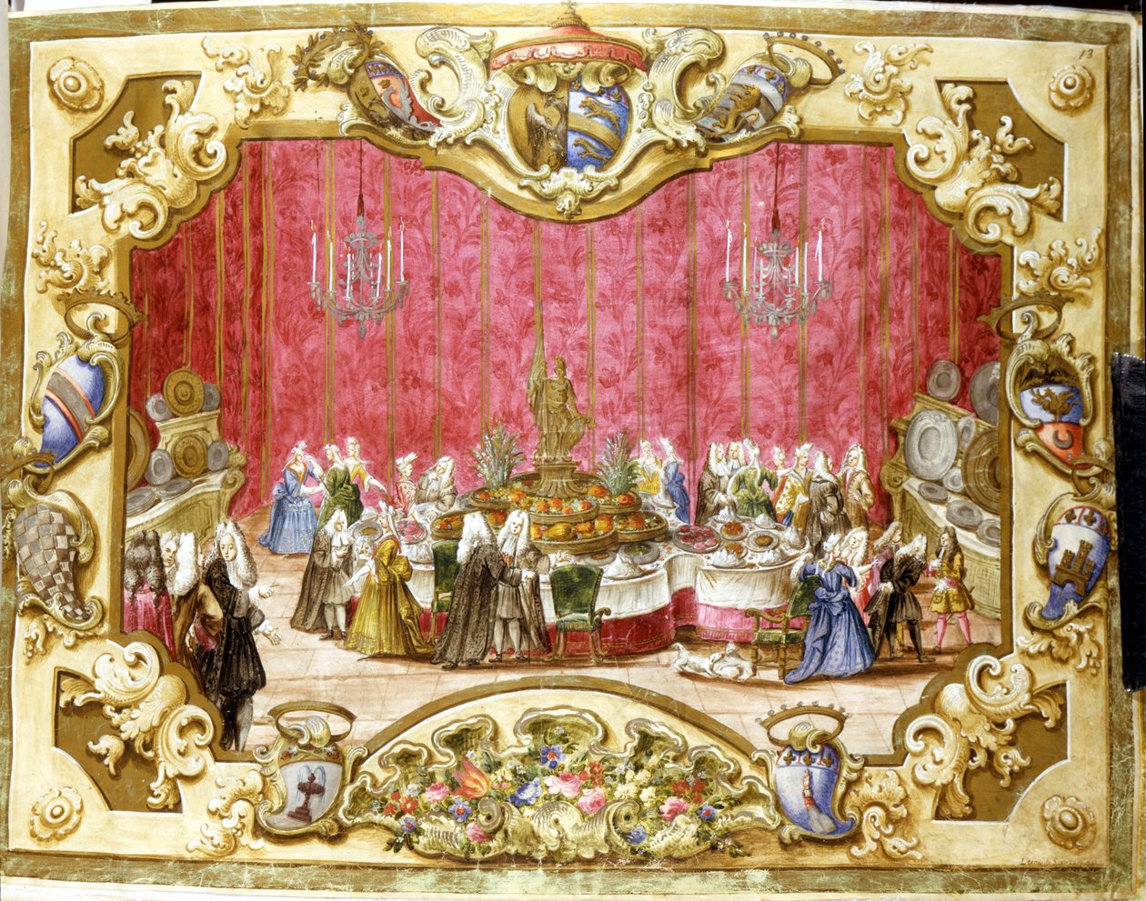 Måltid givet til ære for gonfalonieren Zambeccari for retsvæsenets engagement. 1720. Bologna, Statsarkivet. af Italian School