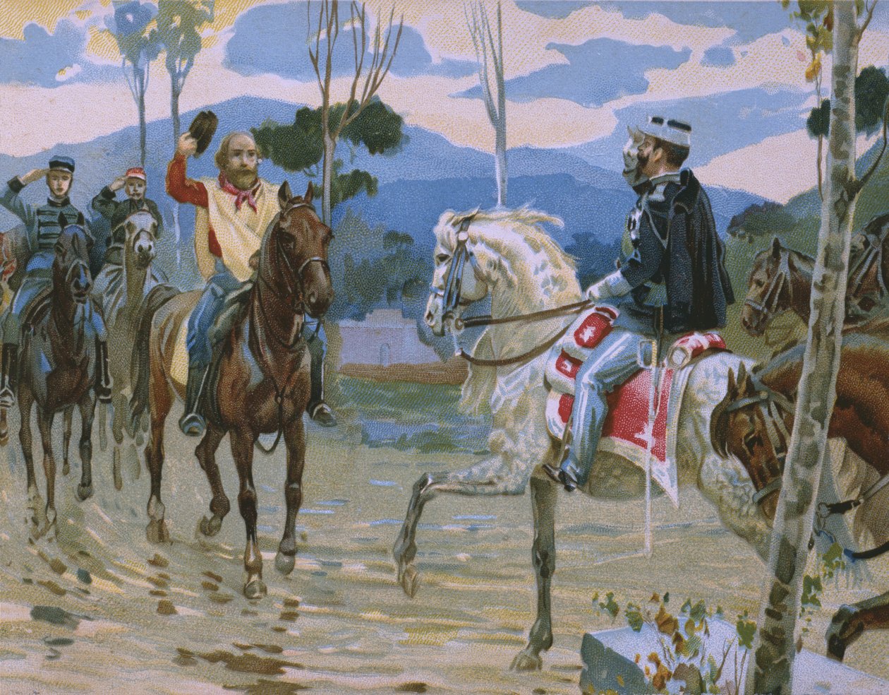 Møde mellem Giuseppe Garibaldi og kong Victor Emmanuel II (1820-78) den 26. oktober 1860 i Teano, illustration fra et album om Risorgimentos historie lavet til chokoladen Talmone, la af Italian School