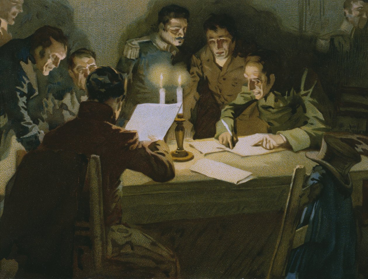 Møde mellem de første partisaner, der gjorde modstand mod besætterne, fødslen af Carbonari, illustration fra et album om Risorgimentos historie lavet til chokoladen Talmone, slutningen af det 19. århundrede (chromolitho af Italian School