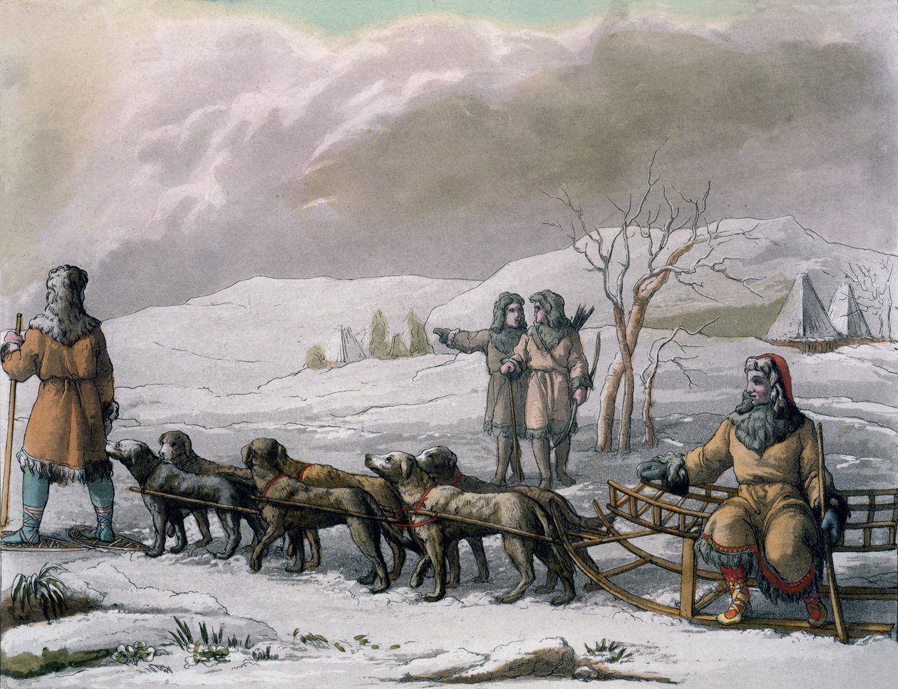 Mænd fra Kamchatska, med en hundeslæde, fra Costumi dei... af Giulio Ferrario, ca. 1820