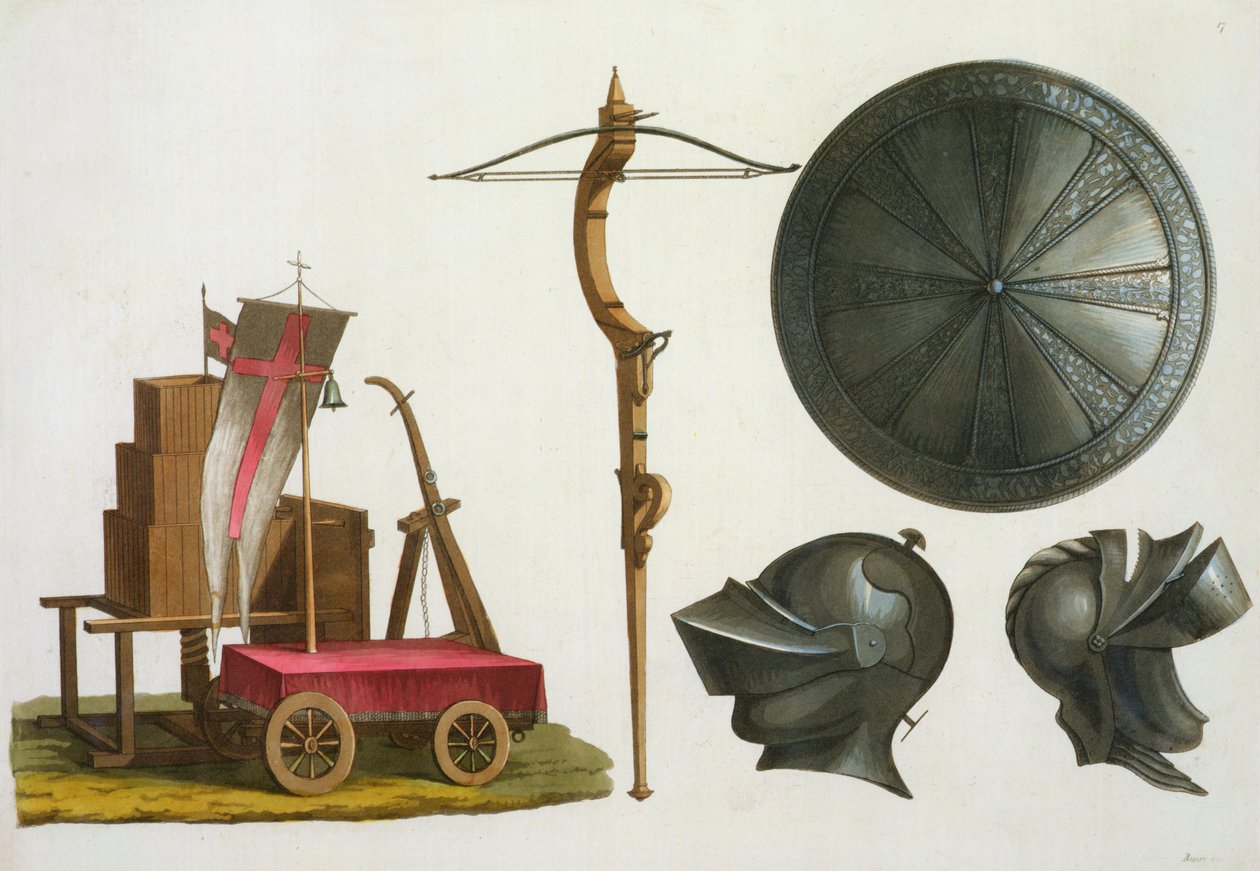 Milanesisk vogn, armbrøst og rustning, plade 17 fra Le Costume Ancien et Moderne, af Jules Ferrario, udgivet ca. 1820
