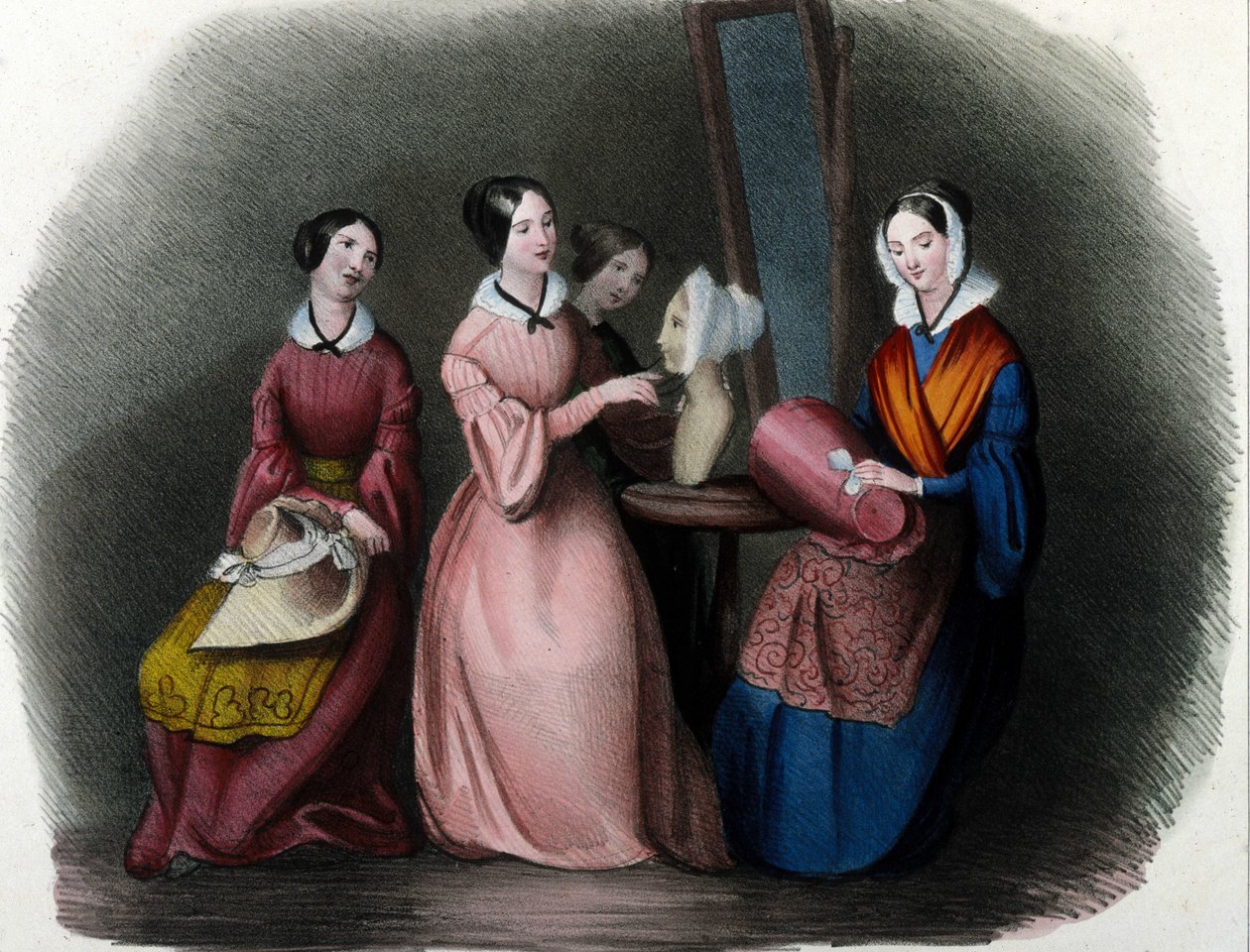 Milanese metier: unge kvinder fashioned hatte. 1830 Locarno gravering. af Italian School