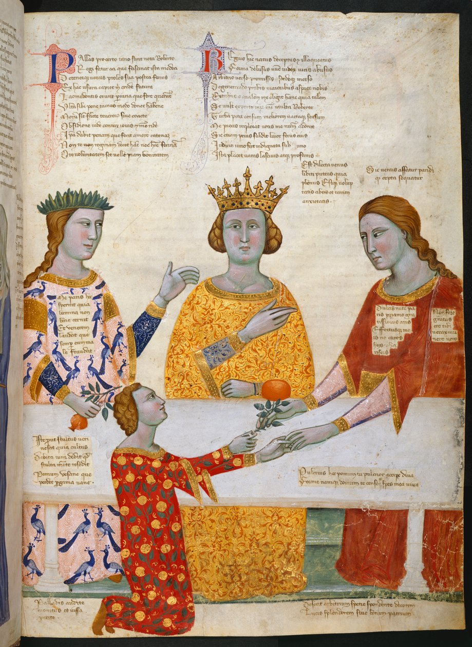 Miniature af Paris-dommen, med Pallas Athena, Juno og Venus siddende ved et bord, og Paris, der giver en olivengren til Venus, illustration fra 