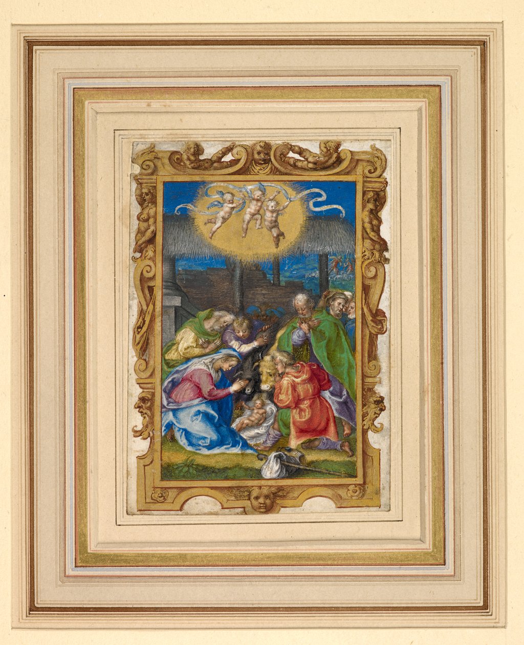 Miniature af fødselaren med den hellige familie og hyrder i en stald, med tre putti med en indskrevet rulle ovenover og bebudelsen til hyrderne i baggrunden (vellum) af Italian School