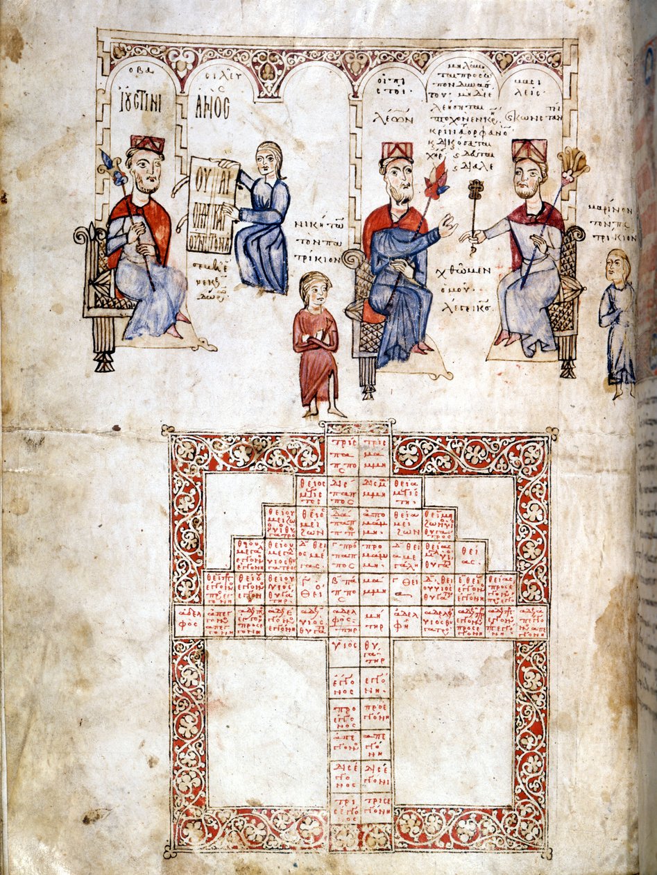 Miniatureside af” Ecloga Legum””, juridisk manuskript fra 1175. De viste tegn er fra venstre mod højre Justinian I (482 - 565), Leo I (457-474) og Konstantin I den Store (270/288 - 337) . Venedig, bibl. Marciana. af Italian School