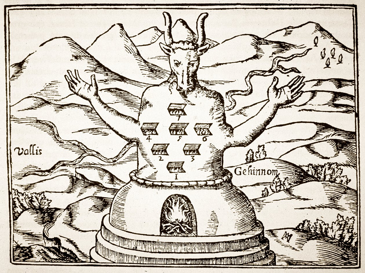 Moloch, kopi af en illustration fra Oedipus Aegyptiacus af Athanasius Kirchner, Rom 1652, brugt i en magihistorie, udgivet sidst i det 19. århundrede af Italian School