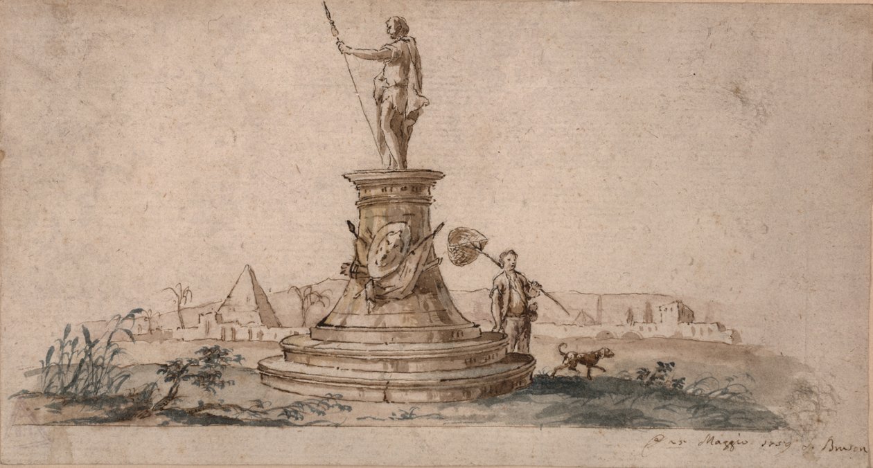 Monument (blæk med vask på papir) af Italian School