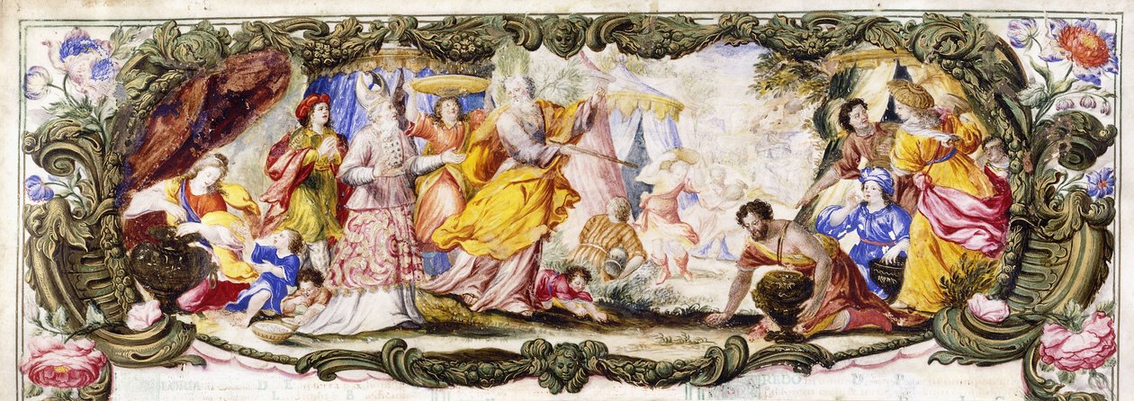 Moses, Aron og Israels børn i ørkenen ved at samle Manna, ca. 1600-1630 af Italian School
