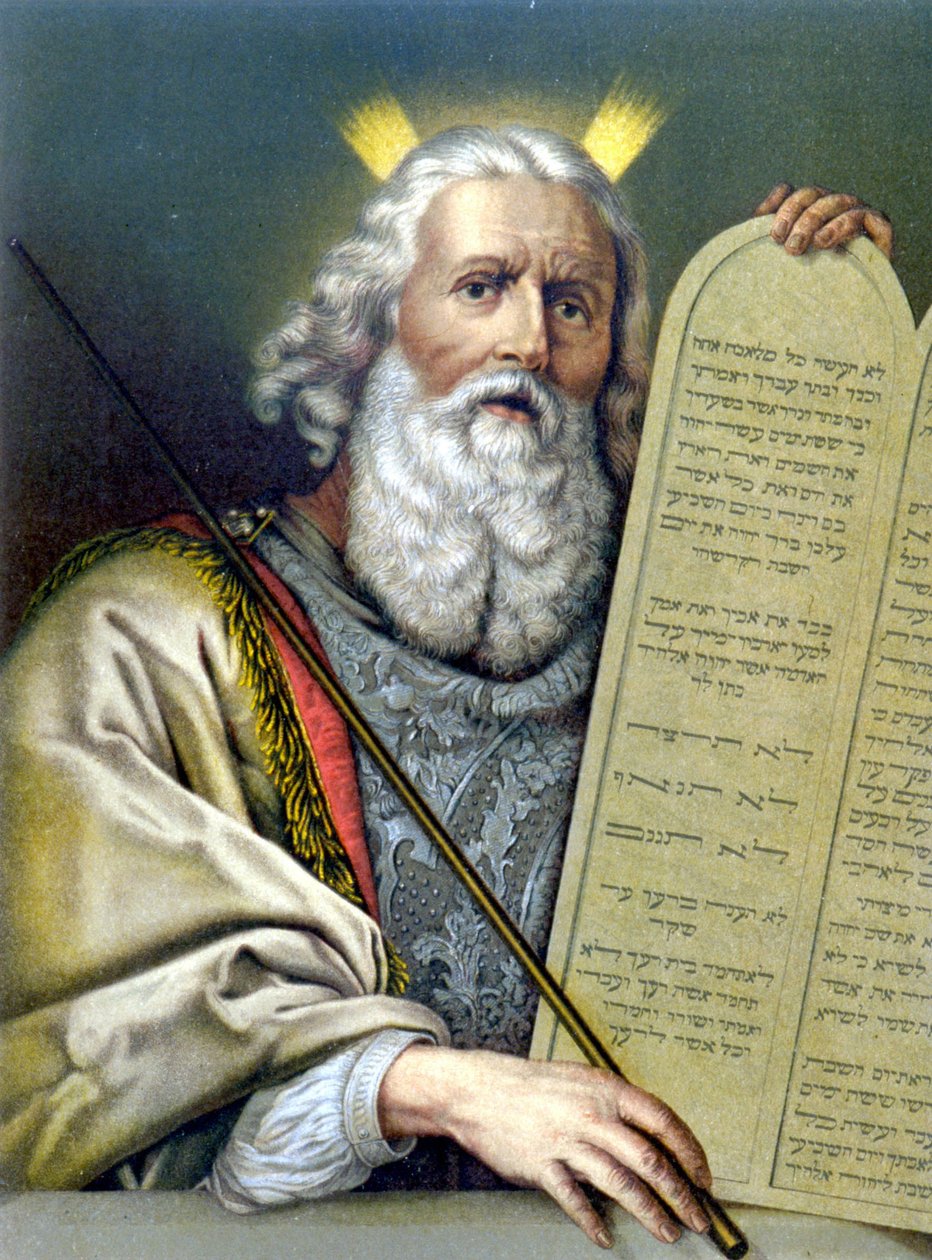 Moses holder lovens bord - i "Den gyldne klassiske bibel: historie om guddommelig åbenbaring i det gamle og i den nye stræben" "af Giovanni Ladislao Sykora (bd. 1), oversat af Don Clemente Benetti. (italiensk bibel) af Italian School