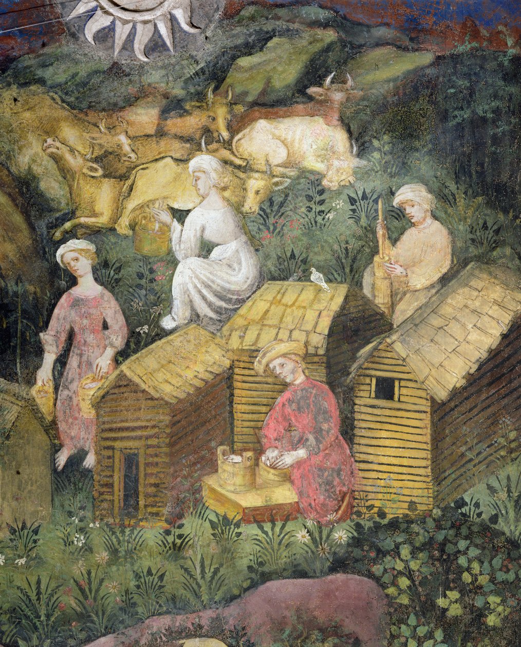 Fjeldgræsgange. Malkning af køerne og ostefremstilling (fresco) af Italian School