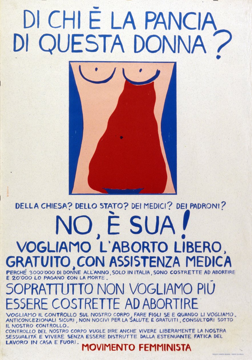 Feministisk bevægelse: "Hvem ejer denne kvindes livmoder Kirken Staten Til lægerne Til cheferne Nej, det er hendes! Plakat for retten til fri abort med lægehjælp. af Italian School