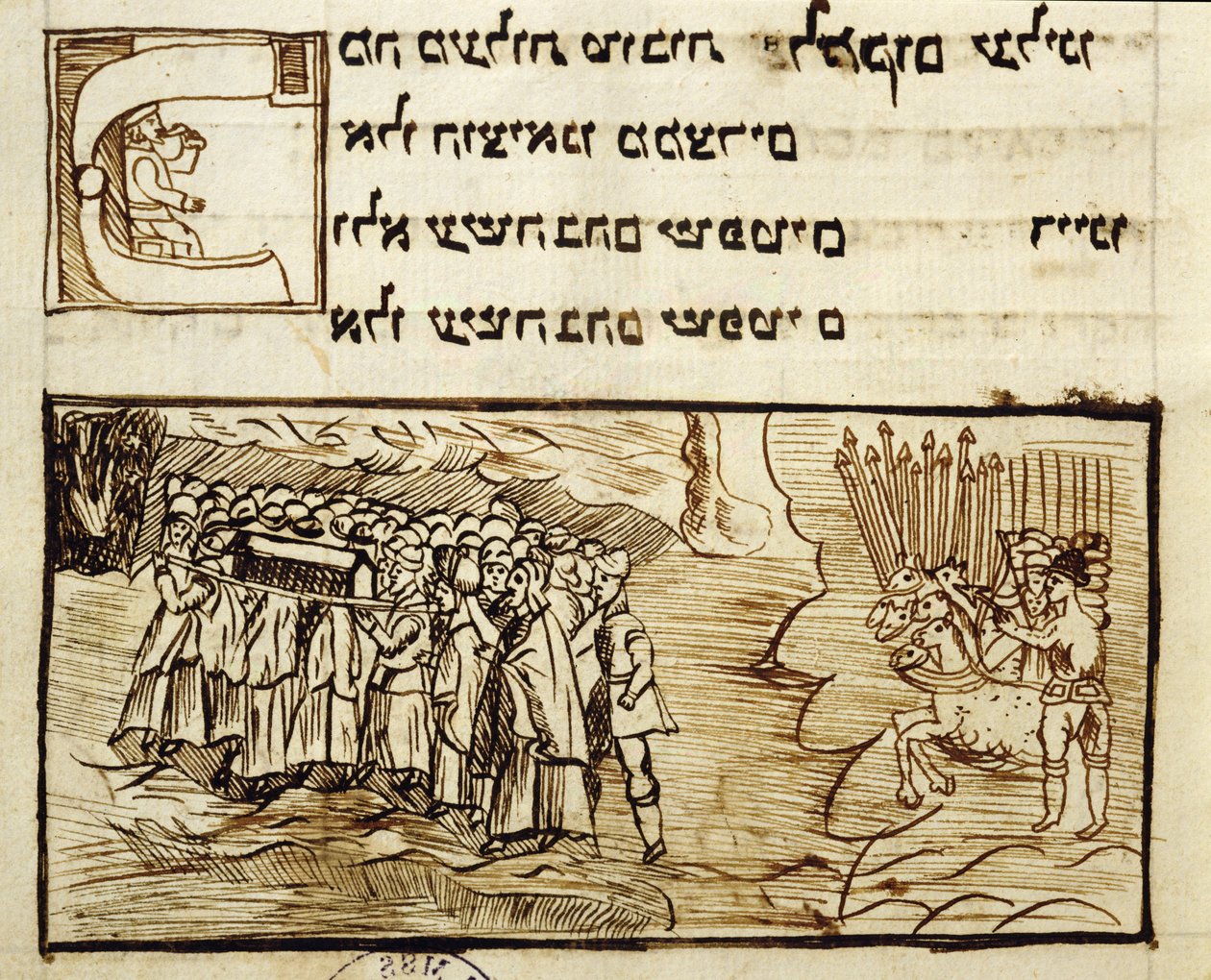Ms.C.A.2795 Det jødiske folk krydser Det Røde Hav med den hellige ark efterfulgt af egypterne, fra historien om det jødiske folk af Italian School