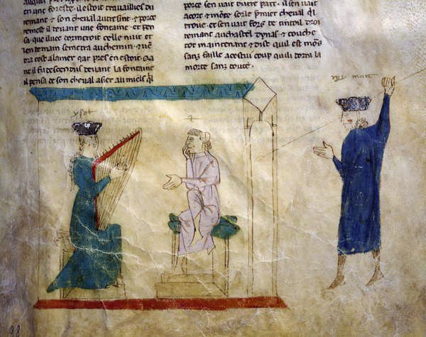 Ms.EST.59 fol.98r Kong Faramonts datter forsøger at forføre Tristan, fra The Story of Tristan af Italian School