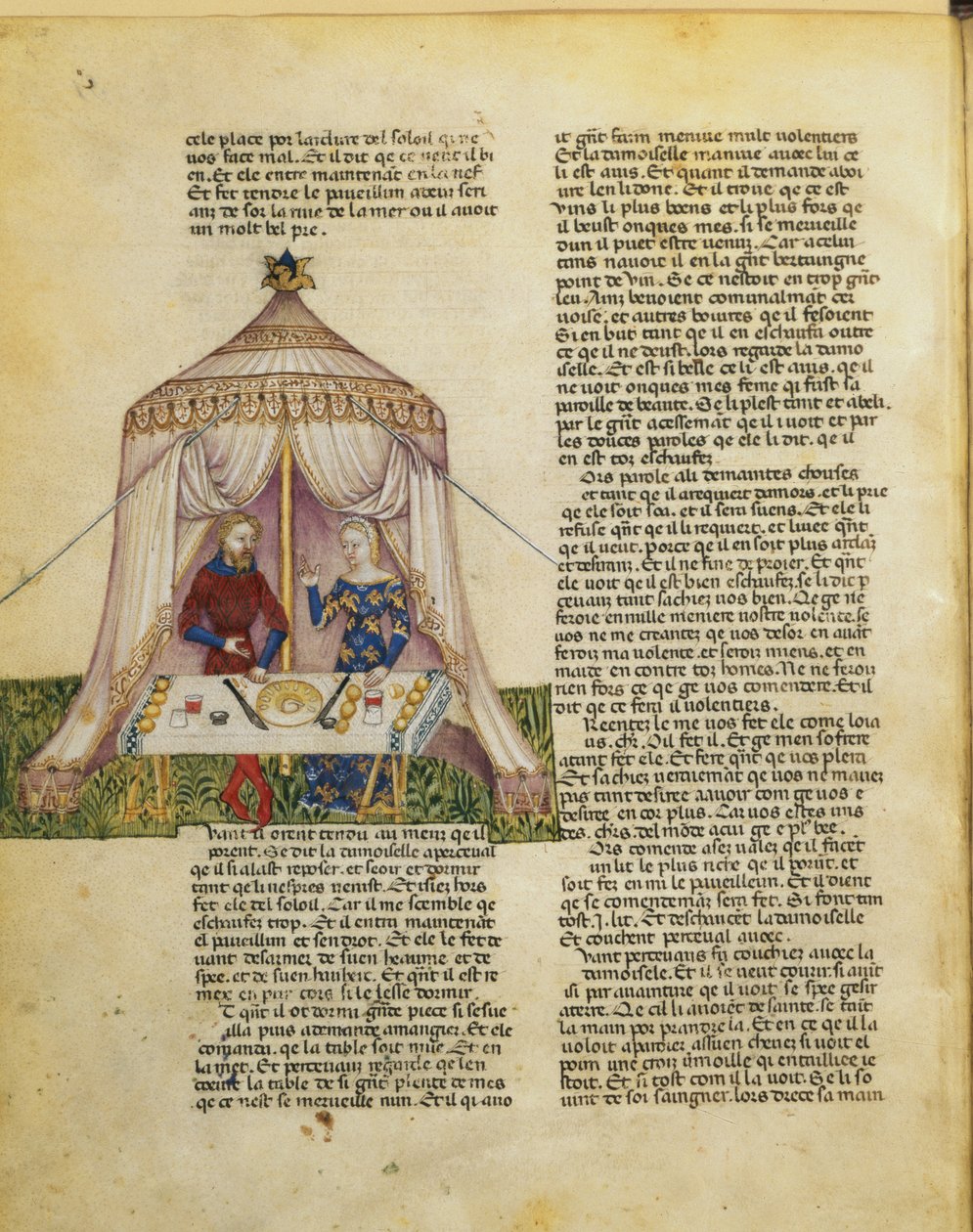 Fr 343 f.31v Sir Percival bliver fristet af en pige, der giver ham et festmåltid, før hun forfører ham, fra Queste del Saint Graal, ca. 1380-85 af Italian School