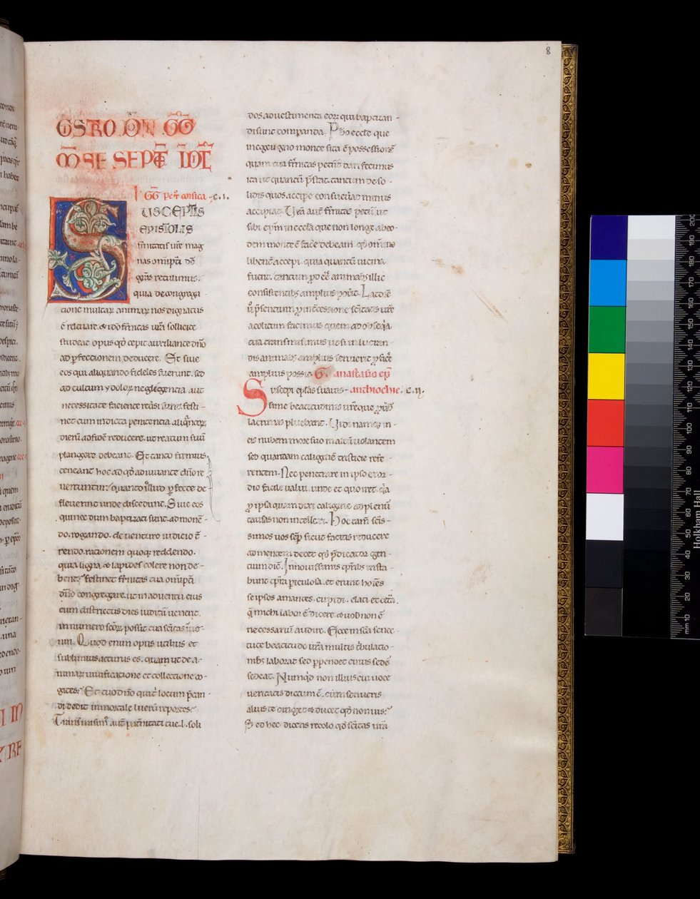 Fru 143. Gregor den Store, Registrum Epistolarum, f.8r. Dekoreret initial [S] med hvidt vinbladsfyld og endestykker af Italian School