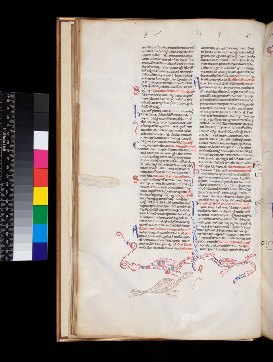 Fru 164. Peter Lombar, Sententiae, f.15v. bas-de-page pen-work dekoration udviklet til fugle/drage hybrider af Italian School