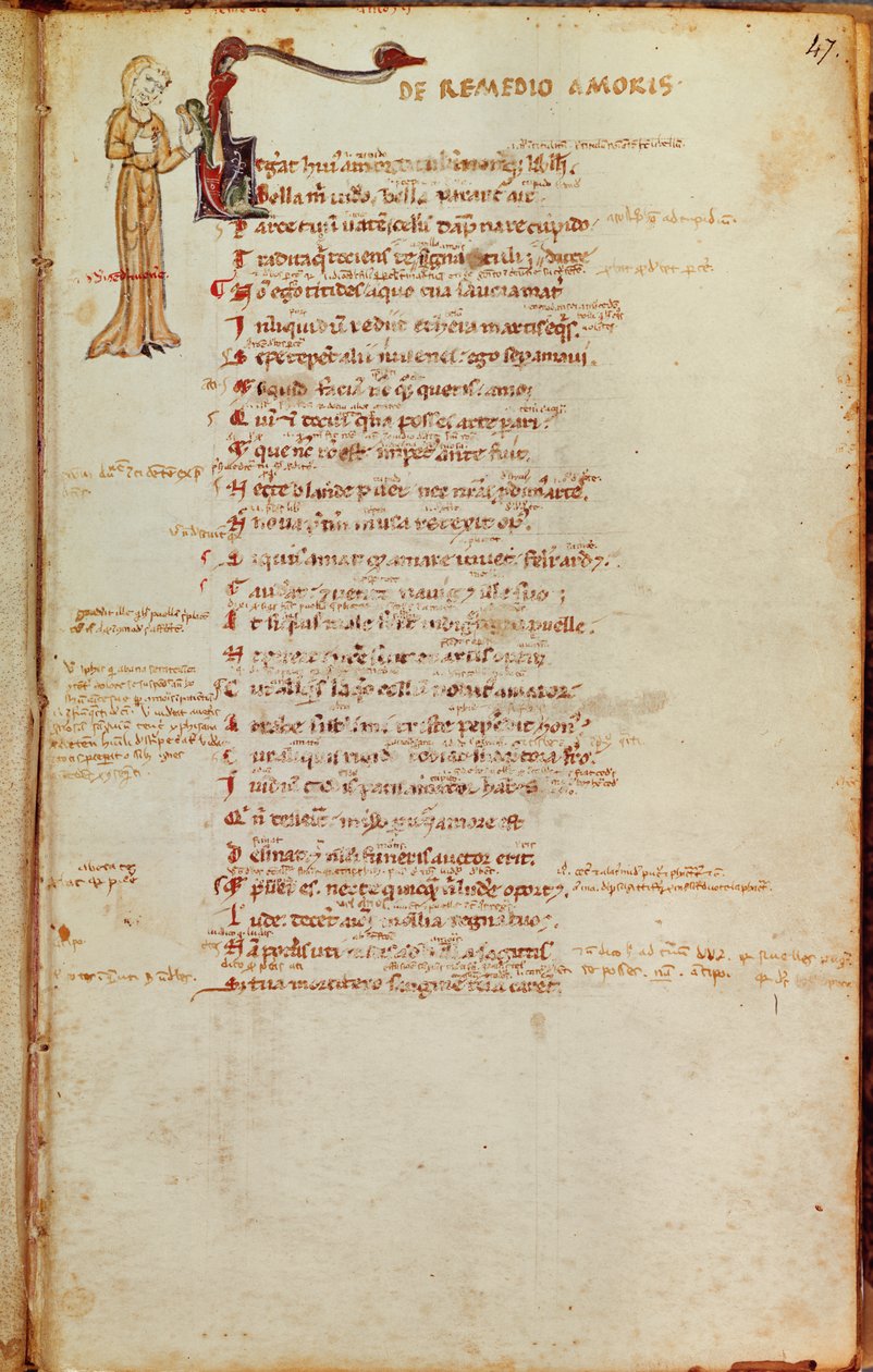 Ms 19 fol.47 Side med tekst med en historisk initial, fra LArt dAimer af Ovid (43-17 f.Kr.) af Italian School