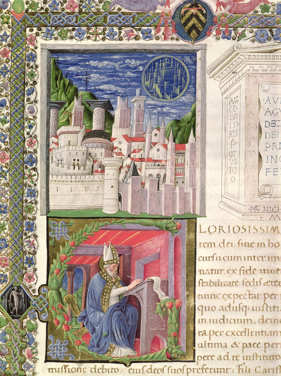 Ms 218 f.2r Udsigt over Rom som Guds by, og St. Augustine skrift, fra 